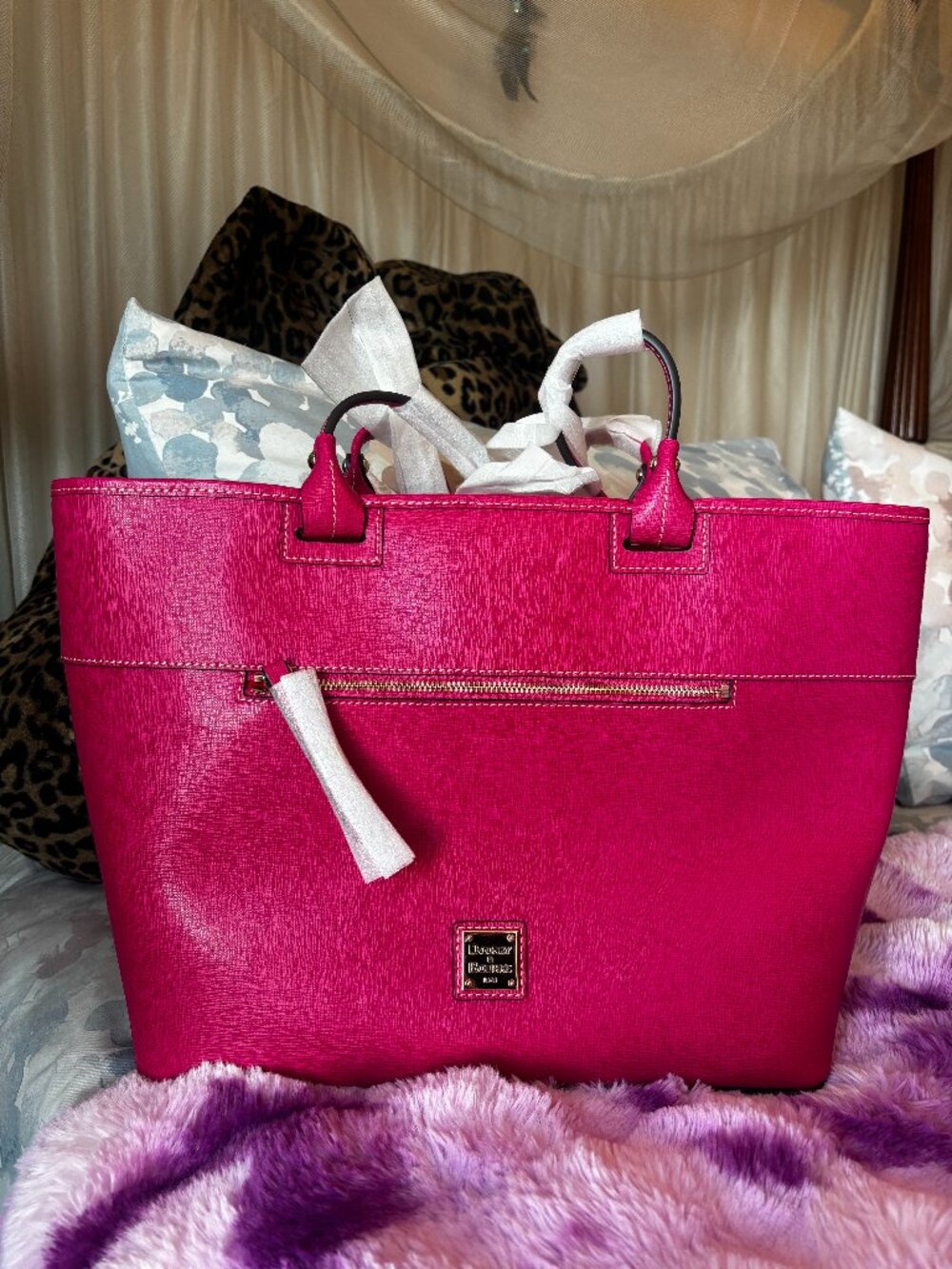 Dooney & Bourke Hot Pink Saffiano Leather Trapezoidal Large Tote Bag NWT
